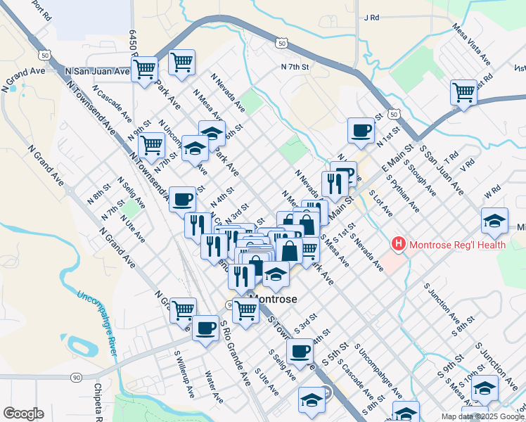 map of restaurants, bars, coffee shops, grocery stores, and more near 511 North 2nd Street in Montrose