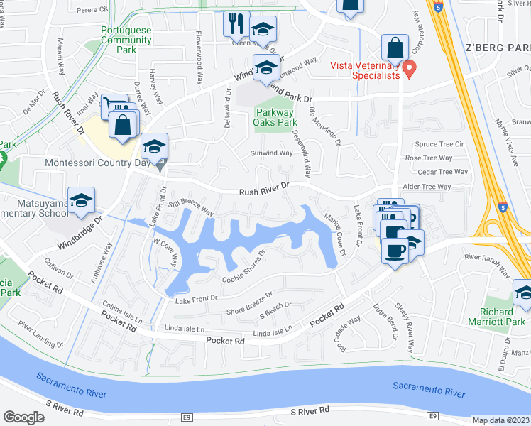 map of restaurants, bars, coffee shops, grocery stores, and more near 36 Still Beach Court in Sacramento