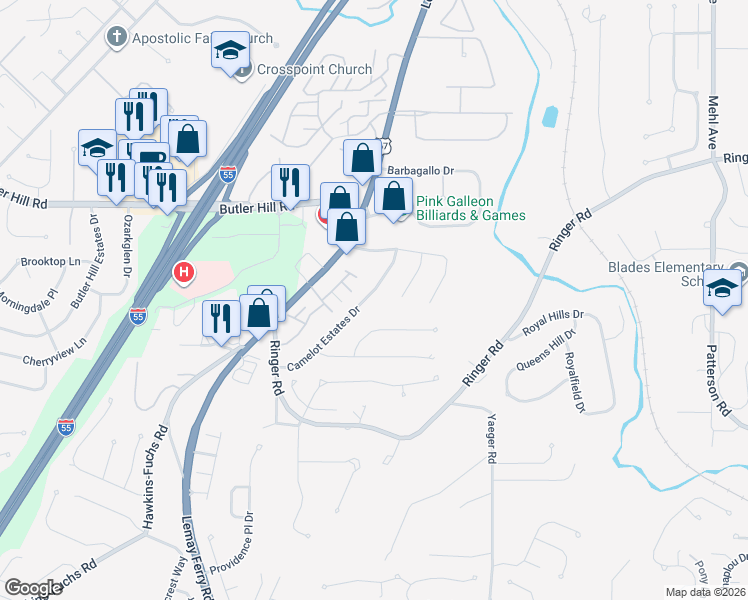 map of restaurants, bars, coffee shops, grocery stores, and more near 5248 Camelot Estates Drive in St. Louis