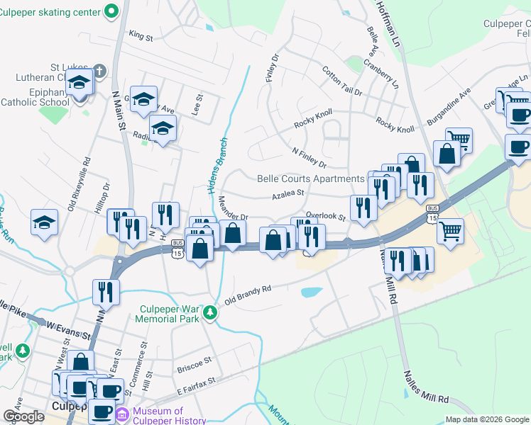 map of restaurants, bars, coffee shops, grocery stores, and more near 1105 Meander Drive in Culpeper