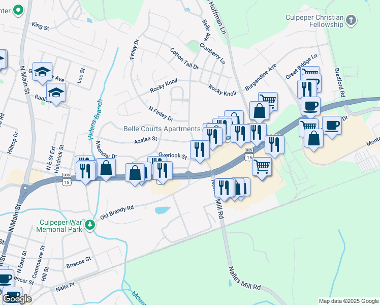 map of restaurants, bars, coffee shops, grocery stores, and more near 1108 Belle Avenue in Culpeper