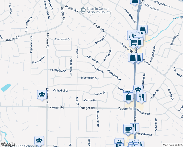 map of restaurants, bars, coffee shops, grocery stores, and more near 2730 Flameglow Drive in St. Louis