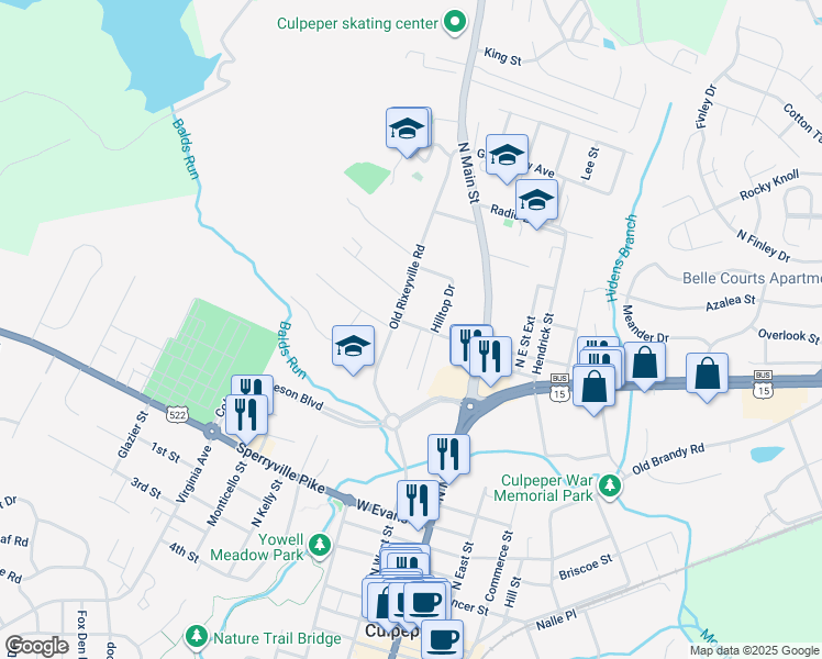 map of restaurants, bars, coffee shops, grocery stores, and more near 220 West Fairview Road in Culpeper