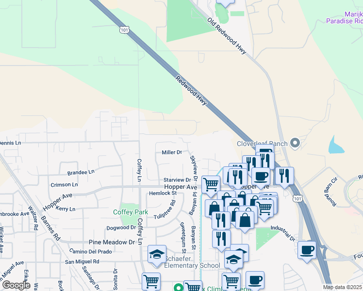 map of restaurants, bars, coffee shops, grocery stores, and more near 3845 Willowview Court in Santa Rosa