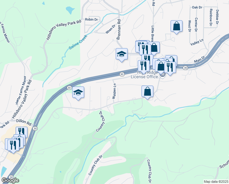 map of restaurants, bars, coffee shops, grocery stores, and more near Walden Lane in High Ridge