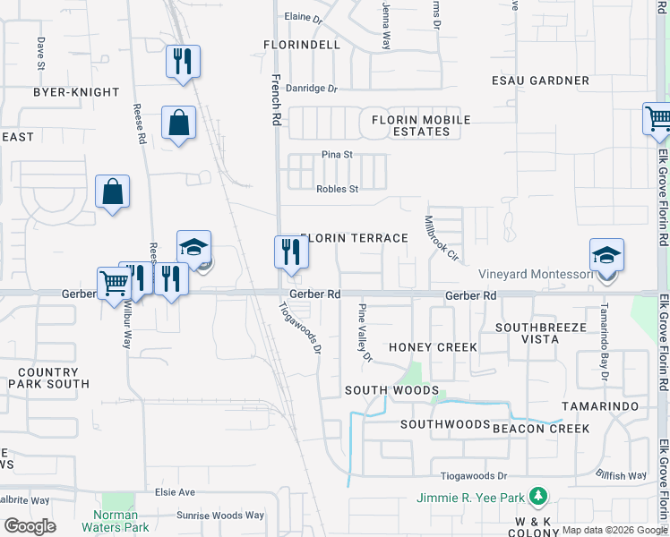 map of restaurants, bars, coffee shops, grocery stores, and more near 7582 Glacken Way in Sacramento