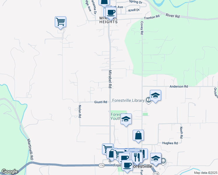 map of restaurants, bars, coffee shops, grocery stores, and more near 7462 Mirabel Road in Forestville