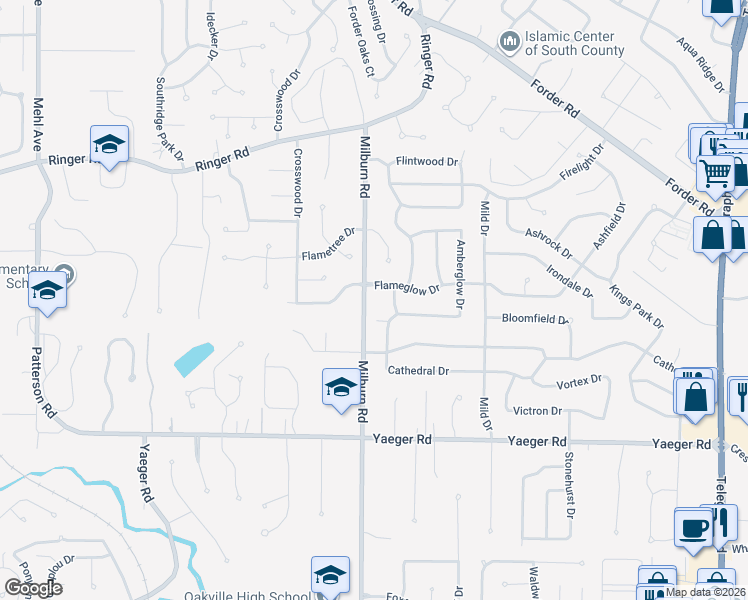 map of restaurants, bars, coffee shops, grocery stores, and more near 5232 Milburn Road in Saint Louis