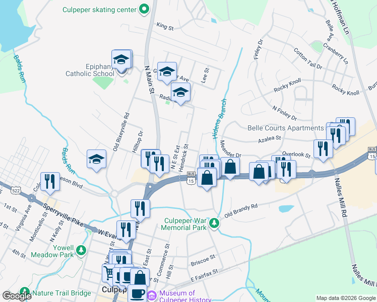 map of restaurants, bars, coffee shops, grocery stores, and more near 909 Hendrick Street in Culpeper