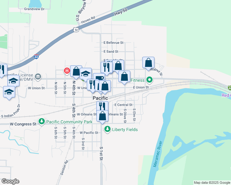 map of restaurants, bars, coffee shops, grocery stores, and more near 205 East Street Louis Street in Pacific