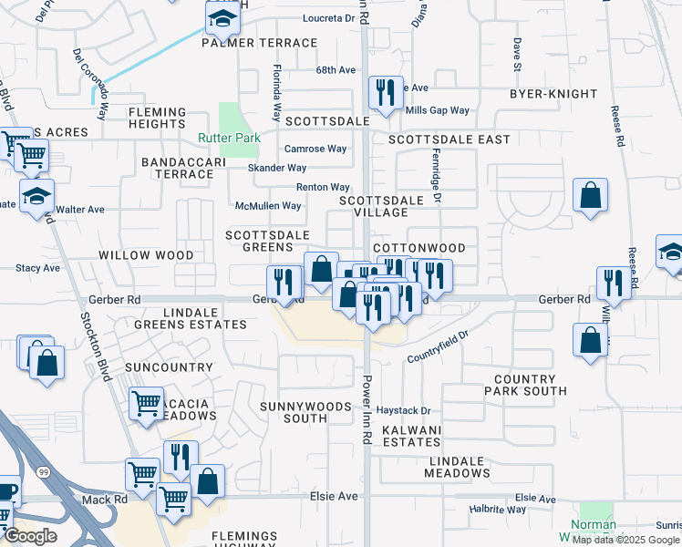 map of restaurants, bars, coffee shops, grocery stores, and more near 8024 Renton Way in Sacramento