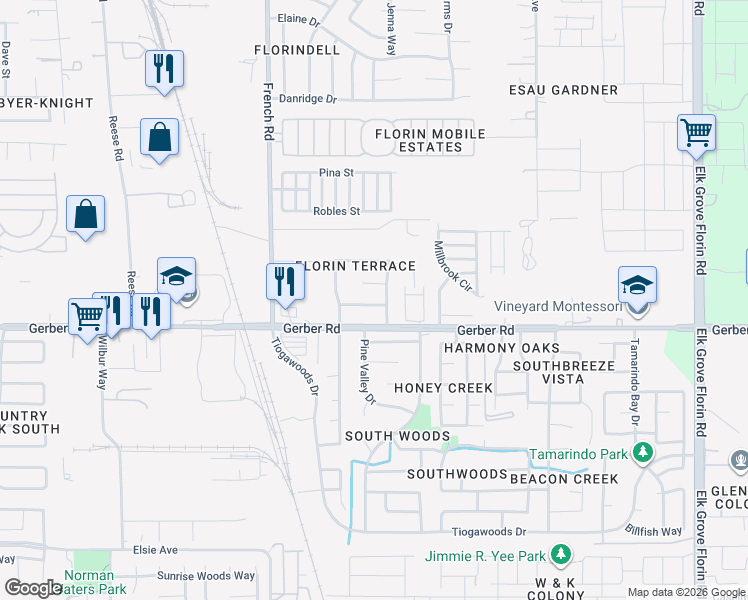 map of restaurants, bars, coffee shops, grocery stores, and more near 8593 Theodore Avenue in Sacramento