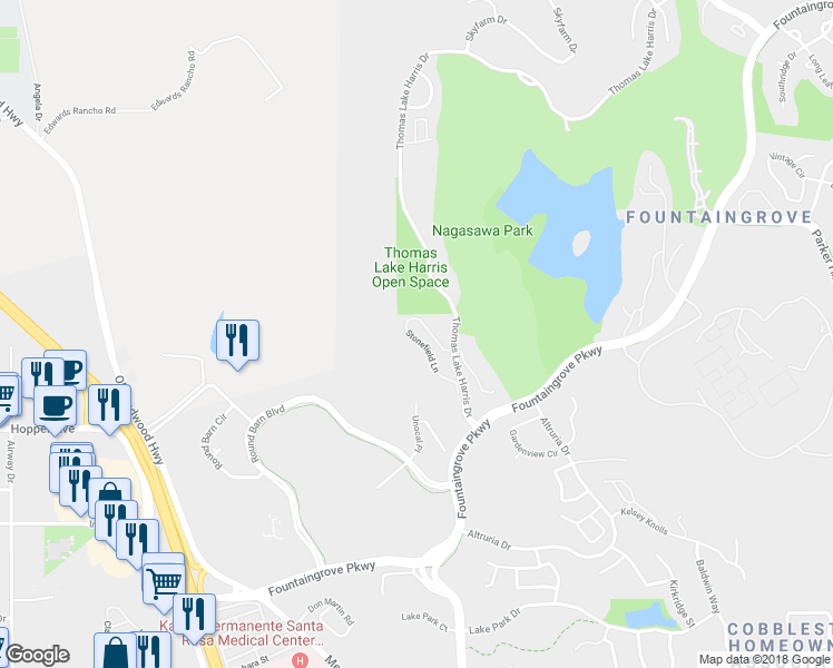map of restaurants, bars, coffee shops, grocery stores, and more near 2073 Stonefield Lane in Santa Rosa