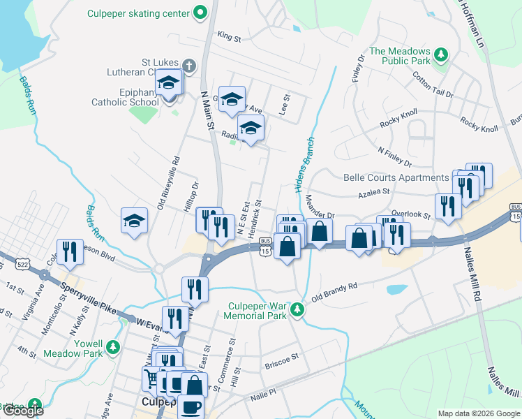 map of restaurants, bars, coffee shops, grocery stores, and more near 909 Hendrick Street in Culpeper
