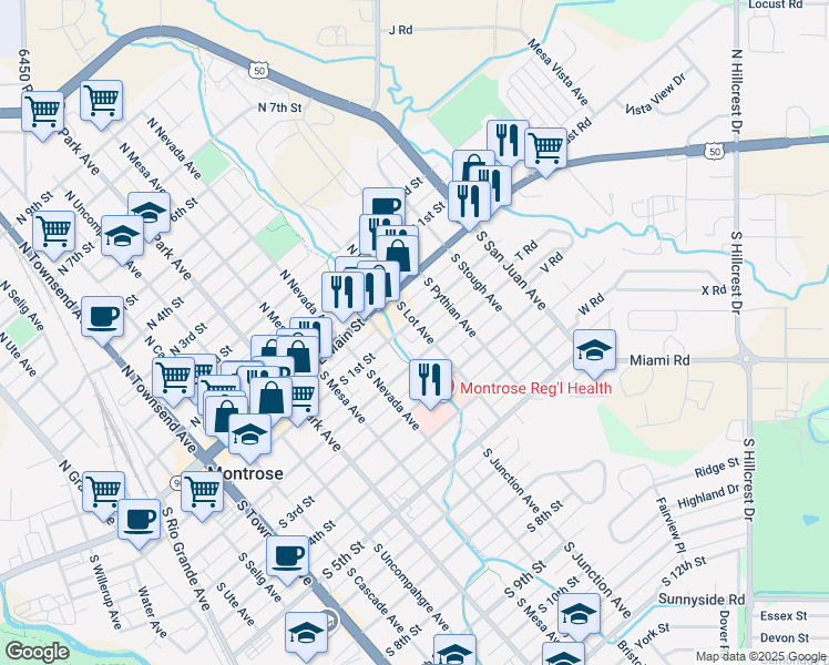 map of restaurants, bars, coffee shops, grocery stores, and more near 936 South 1st Street in Montrose