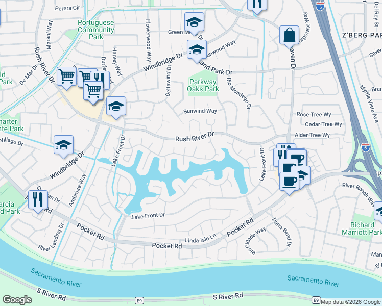 map of restaurants, bars, coffee shops, grocery stores, and more near 36 Still Beach Court in Sacramento