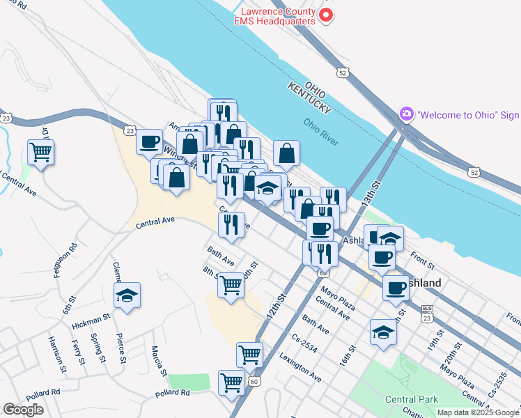 map of restaurants, bars, coffee shops, grocery stores, and more near 898 Winchester Avenue in Ashland