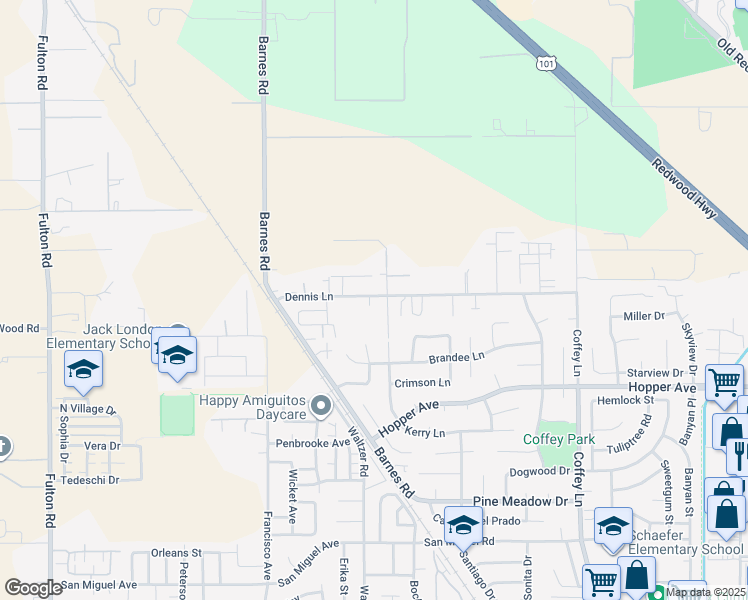 map of restaurants, bars, coffee shops, grocery stores, and more near 2110 Dennis Lane in Santa Rosa
