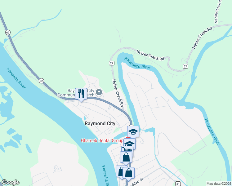 map of restaurants, bars, coffee shops, grocery stores, and more near 149 Heizer Creek Road in Poca
