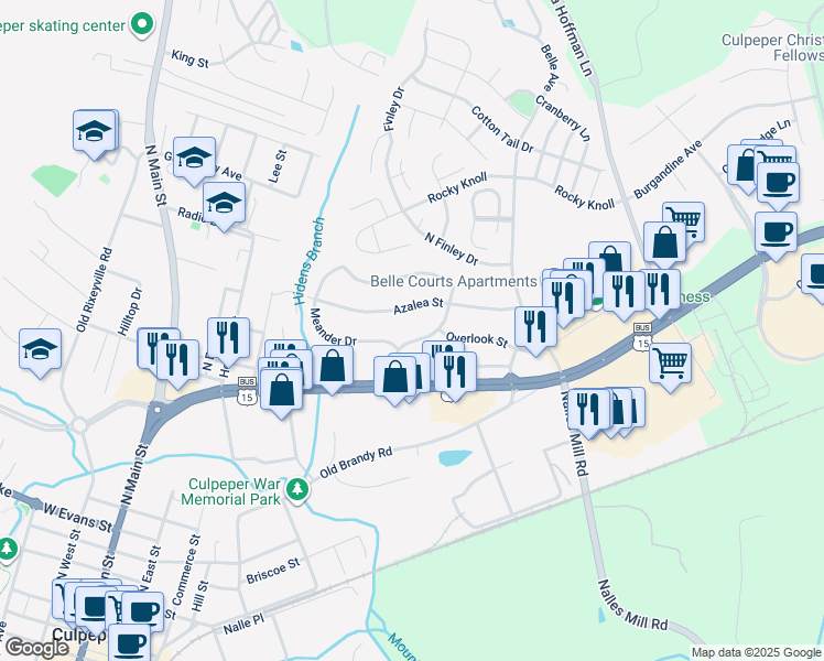 map of restaurants, bars, coffee shops, grocery stores, and more near 1110 Hiden Avenue in Culpeper