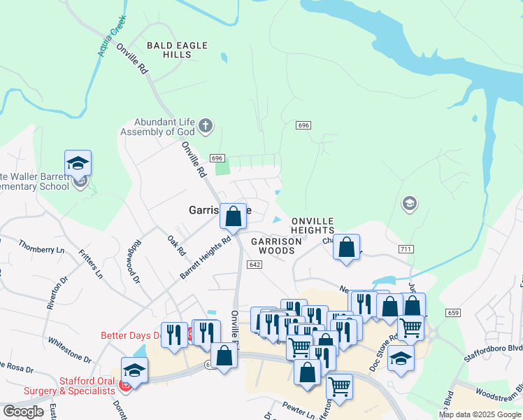 map of restaurants, bars, coffee shops, grocery stores, and more near 215 Paris Lane in Stafford