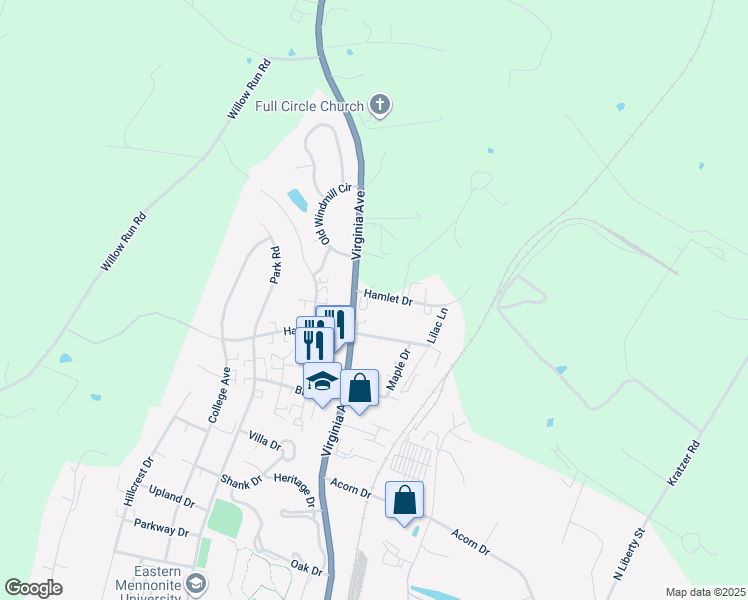 map of restaurants, bars, coffee shops, grocery stores, and more near 1175 Hamlet Drive in Harrisonburg