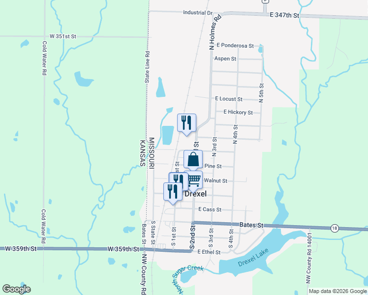 map of restaurants, bars, coffee shops, grocery stores, and more near 107 East Maple Street in Drexel