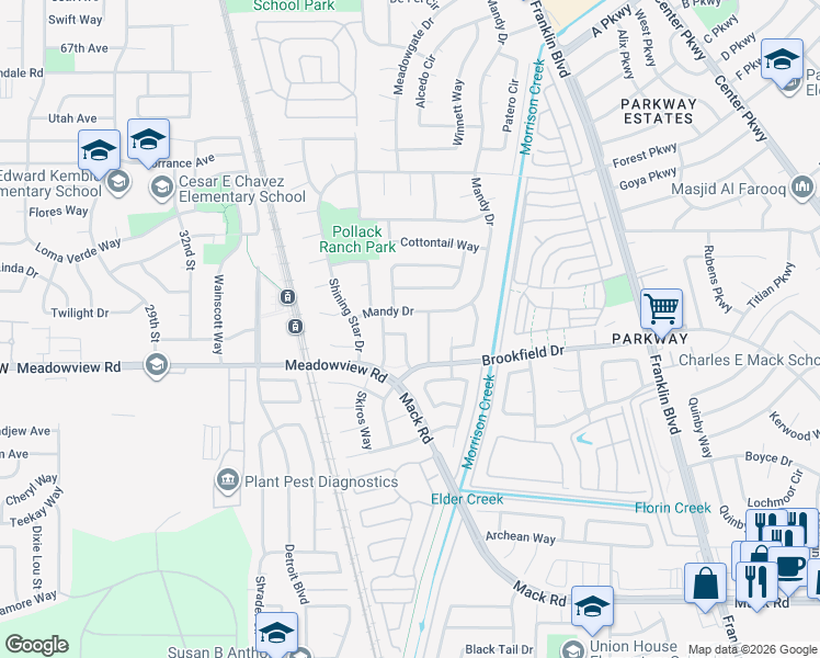 map of restaurants, bars, coffee shops, grocery stores, and more near 3933 Bristlewood Way in Sacramento