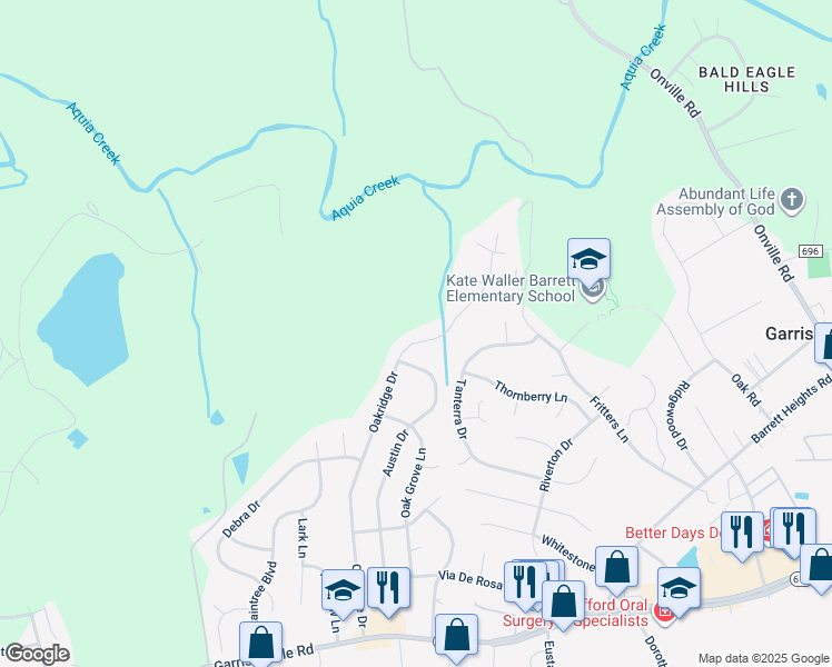 map of restaurants, bars, coffee shops, grocery stores, and more near 408 Oakridge Dr in Stafford