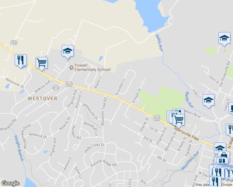 map of restaurants, bars, coffee shops, grocery stores, and more near 906 Riverdale Circle in Culpeper