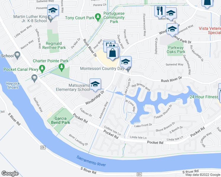 map of restaurants, bars, coffee shops, grocery stores, and more near 7643 Windbridge Drive in Sacramento