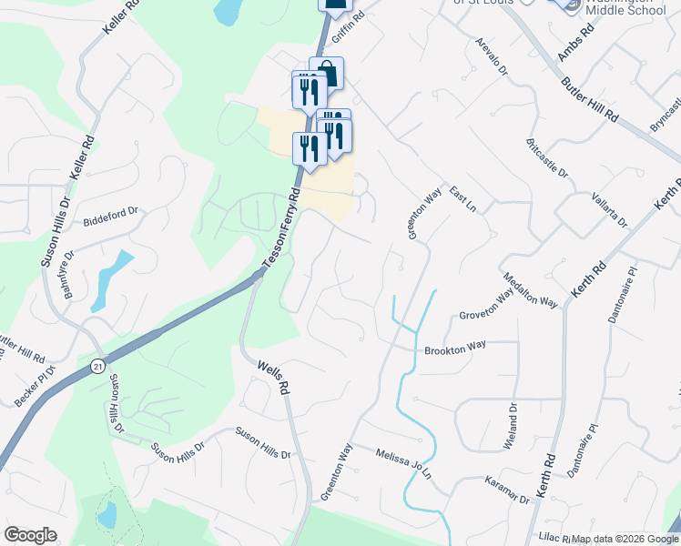 map of restaurants, bars, coffee shops, grocery stores, and more near 5562 Viewpoint Lane in St. Louis