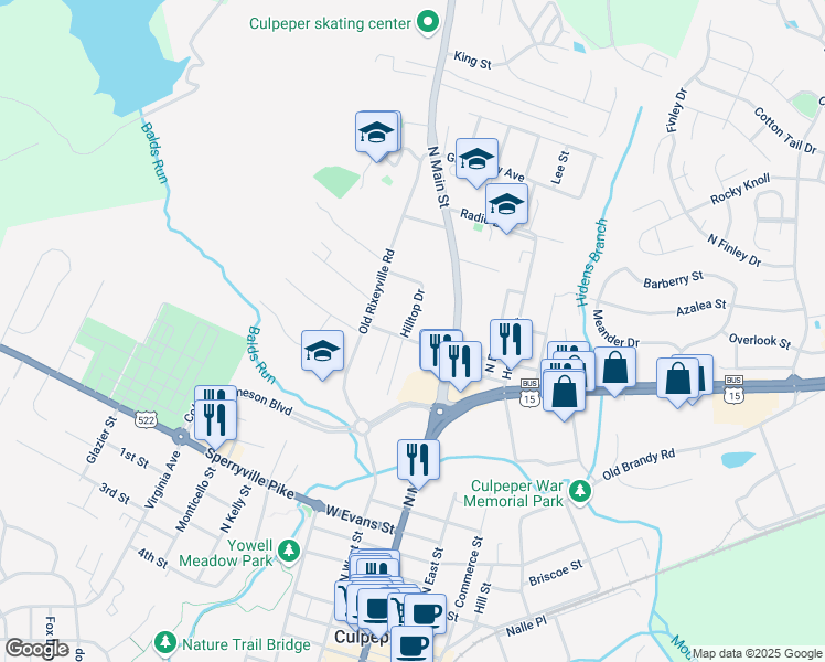 map of restaurants, bars, coffee shops, grocery stores, and more near 133 West Fairview Road in Culpeper