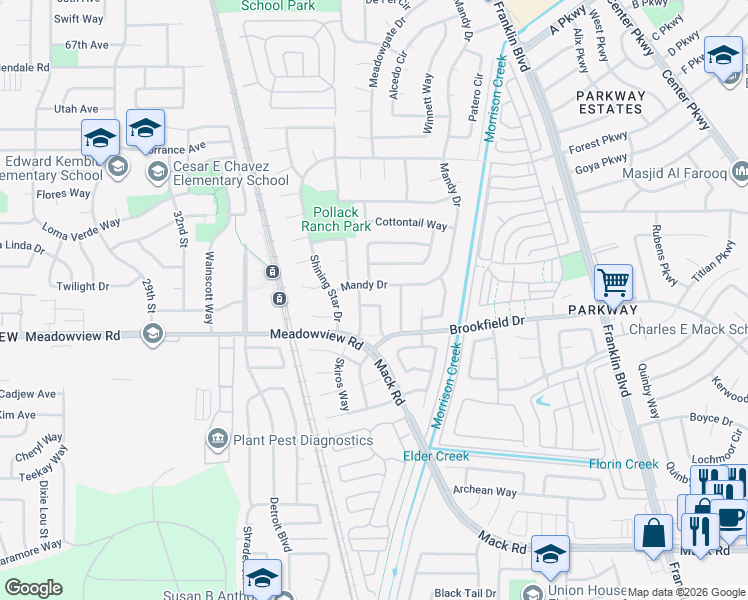 map of restaurants, bars, coffee shops, grocery stores, and more near 3933 Bristlewood Way in Sacramento