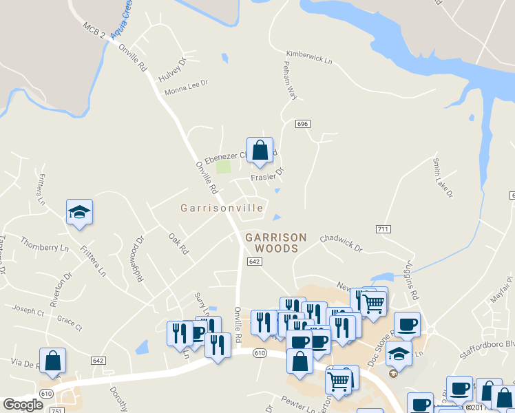 map of restaurants, bars, coffee shops, grocery stores, and more near 205 Paris Lane in Stafford