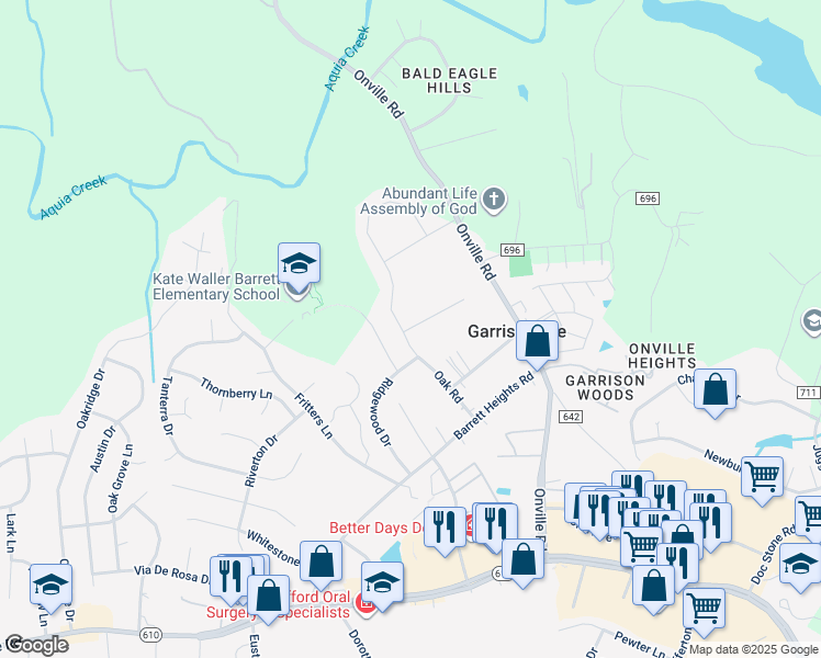 map of restaurants, bars, coffee shops, grocery stores, and more near 34 Oak Road in Stafford