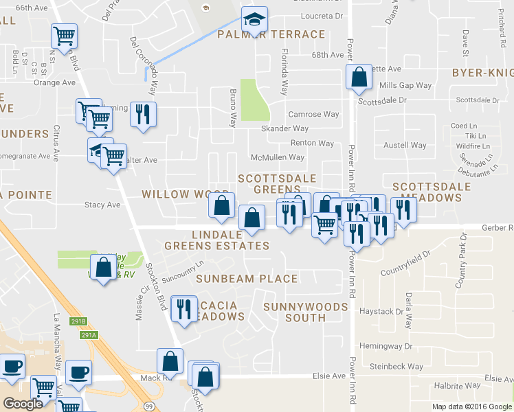map of restaurants, bars, coffee shops, grocery stores, and more near 7636 McTavish Circle in Sacramento