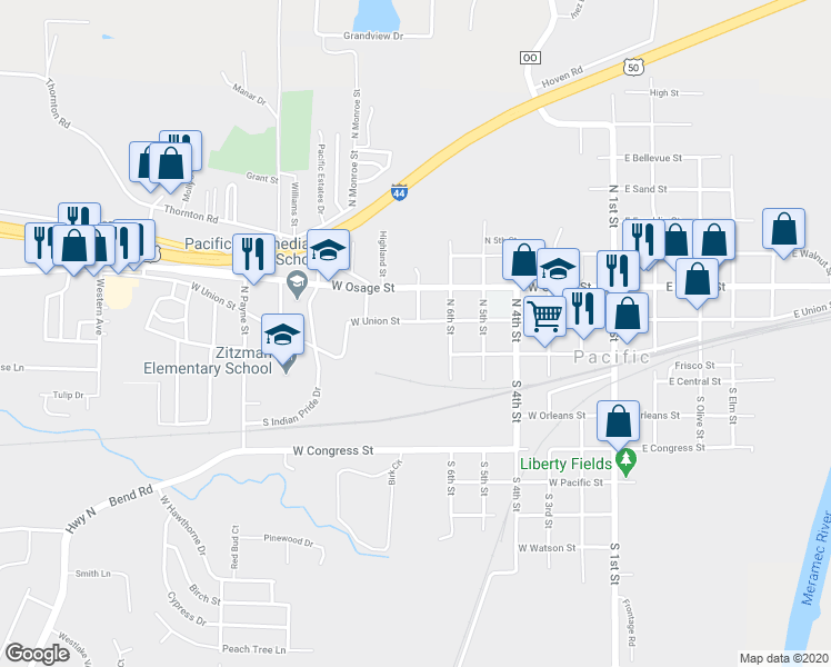 map of restaurants, bars, coffee shops, grocery stores, and more near 620 West Union Street in Pacific