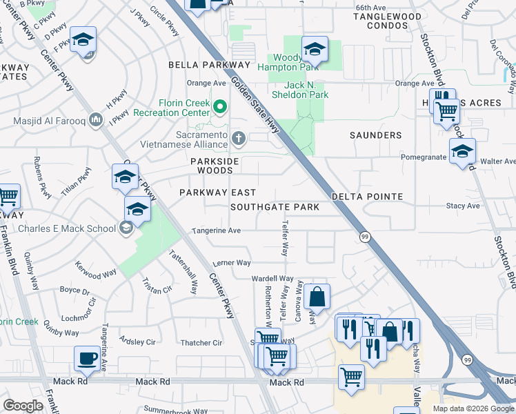 map of restaurants, bars, coffee shops, grocery stores, and more near 5805 Ambler Street in Sacramento