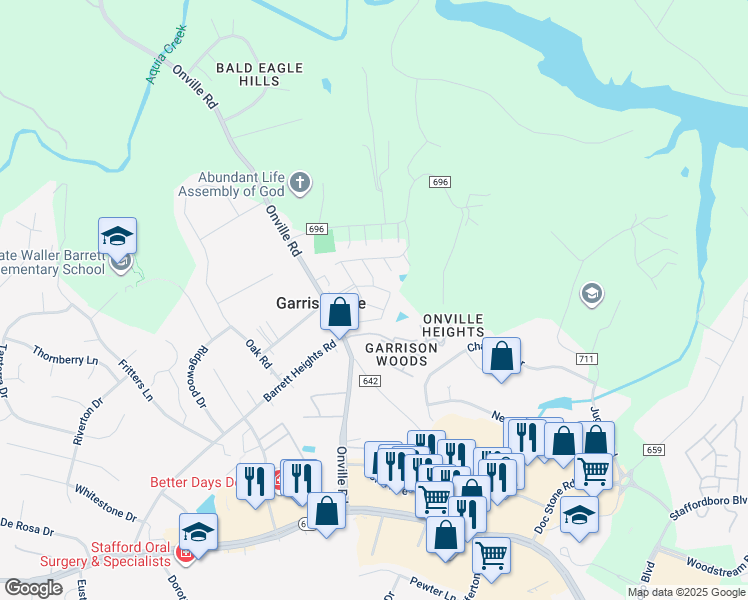 map of restaurants, bars, coffee shops, grocery stores, and more near 205 Paris Lane in Stafford