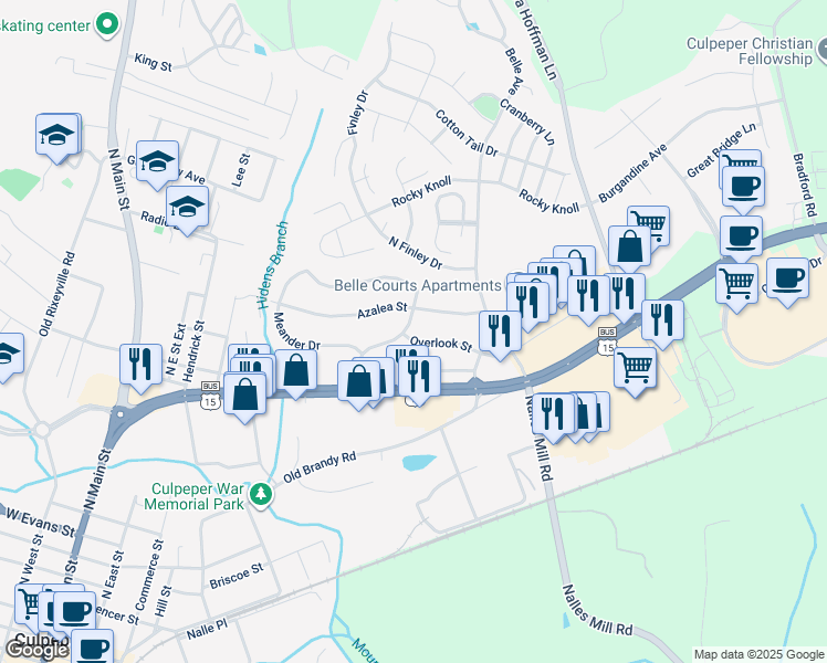 map of restaurants, bars, coffee shops, grocery stores, and more near 1131 Hiden Avenue in Culpeper