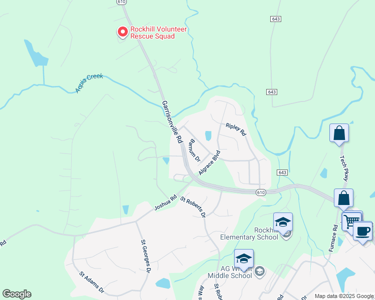 map of restaurants, bars, coffee shops, grocery stores, and more near 19 Barnum Drive in Stafford