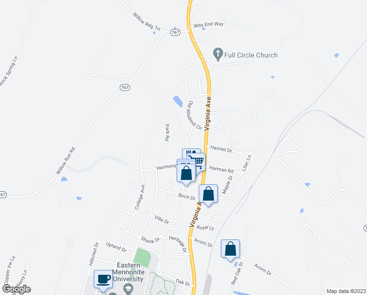 map of restaurants, bars, coffee shops, grocery stores, and more near 1214 Poplar Circle in Harrisonburg