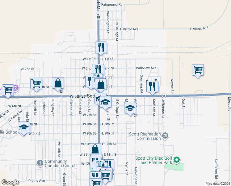 map of restaurants, bars, coffee shops, grocery stores, and more near 238 East 5th Street in Scott City