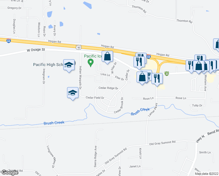 map of restaurants, bars, coffee shops, grocery stores, and more near 50 Cedar Ridge Drive in Pacific