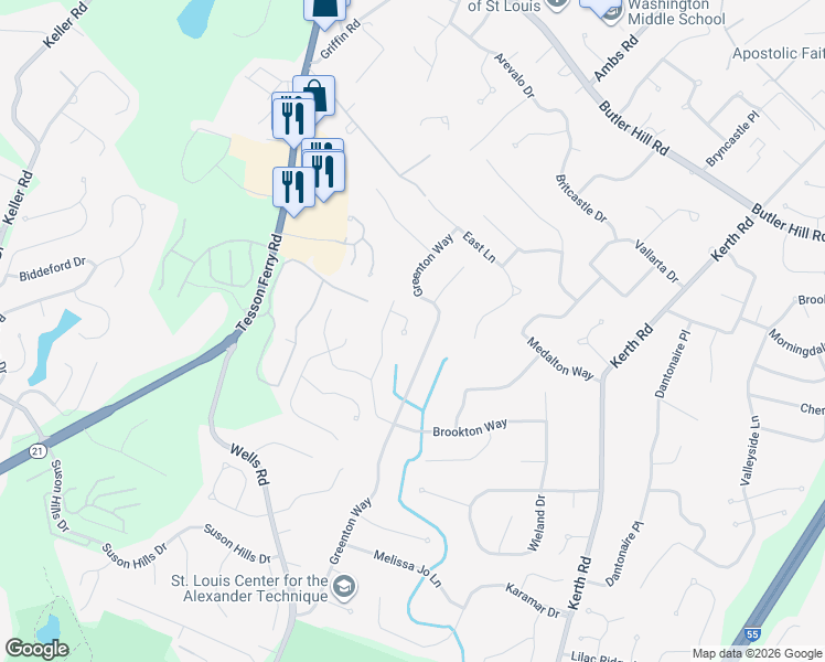 map of restaurants, bars, coffee shops, grocery stores, and more near 4927 Lockbriar Court in St. Louis