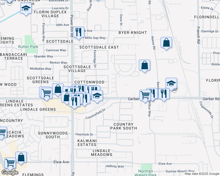map of restaurants, bars, coffee shops, grocery stores, and more near 8221 Cottonfield Way in Sacramento