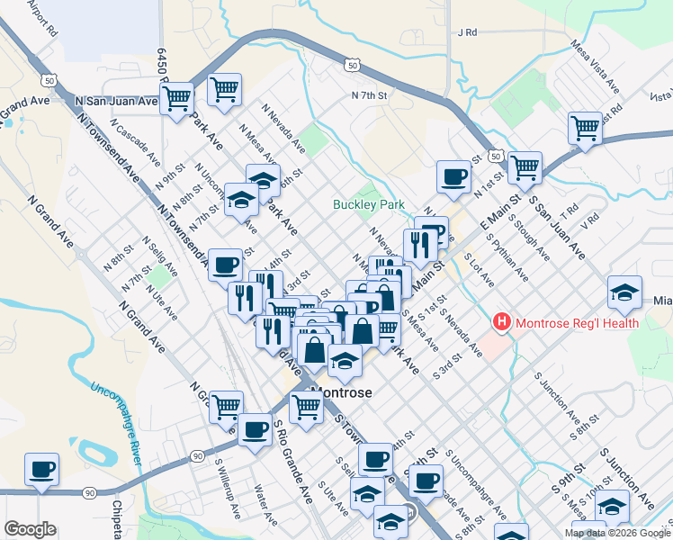 map of restaurants, bars, coffee shops, grocery stores, and more near 531 1/2 North 2nd Street in Montrose