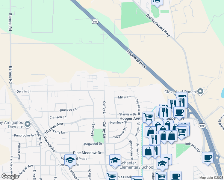 map of restaurants, bars, coffee shops, grocery stores, and more near 3796 Coffey Lane in Santa Rosa