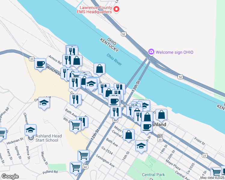 map of restaurants, bars, coffee shops, grocery stores, and more near 1100 Front Street in Ashland